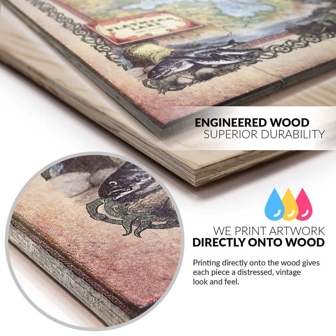 Wooden product with printed artwork, emphasizing durability and direct printing process.