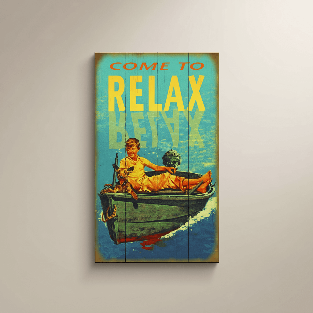 Vintage-style wall art with a person in a boat and text 'COME TO RELAX BETTER' on a wooden panel.