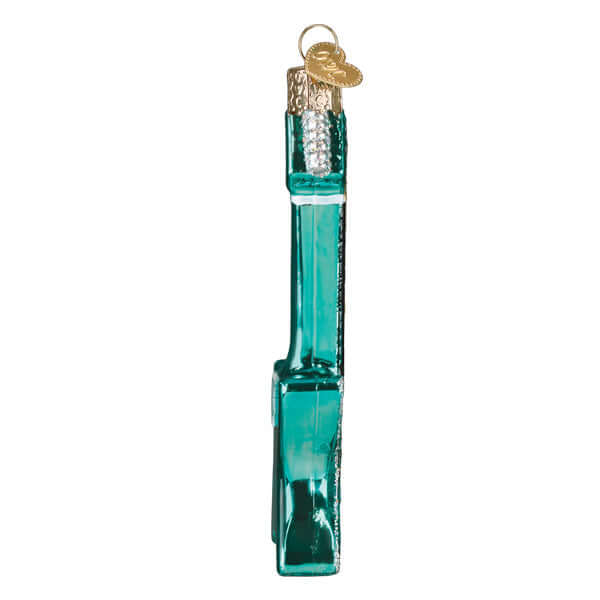 Retro Electric Guitar Christmas Ornament in teal, hand-painted glass capturing vintage music essence.