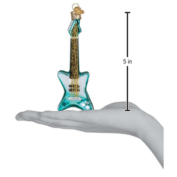 Retro Electric Guitar Christmas Ornament displayed in hand with size indication, perfect for music lovers and festive decoration.