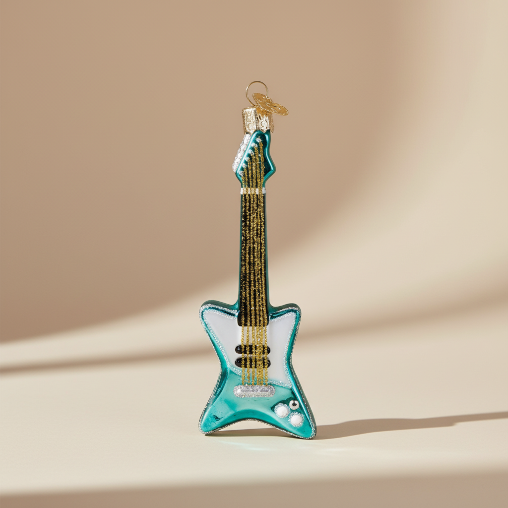 Retro Electric Guitar Christmas Ornament hand-painted glass decoration on a beige background.