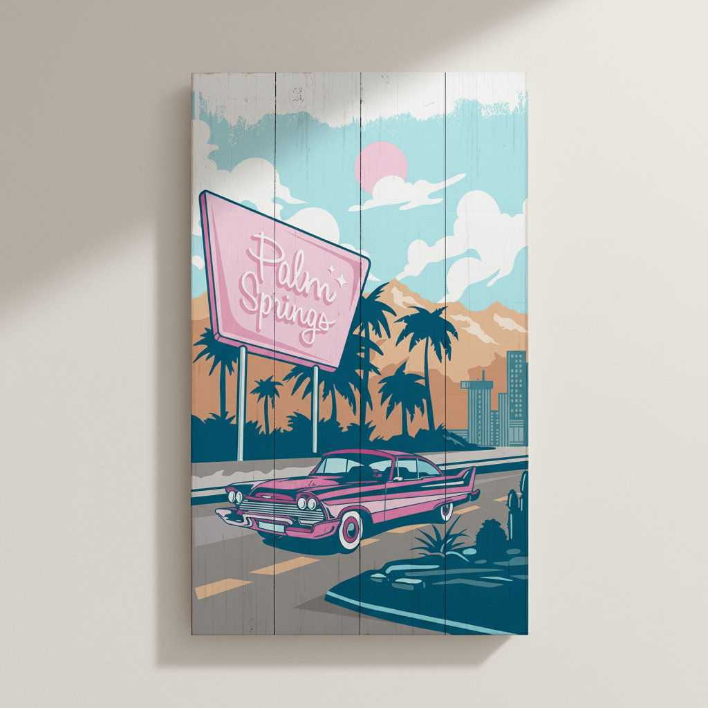Wooden panel with a retro design of a pink 'Palm Springs' sign, palm trees, and a classic car.