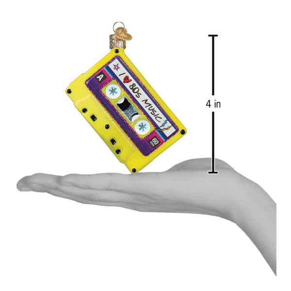 I Love the 80s Cassette Tape Christmas Ornament held in hand measuring 4 inches