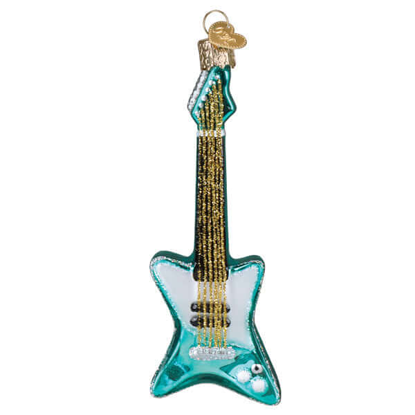 Retro Electric Guitar Christmas Ornament in glass, hand-painted and glittered
