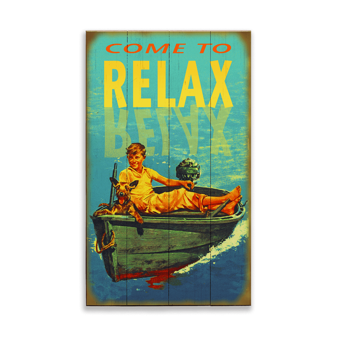Vintage-style poster with a boy in a boat and text 'COME TO RELAX BEACH'.