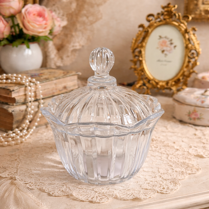 Ribbed Crystal Candy Dish with Domed Lid on a romantic vanity