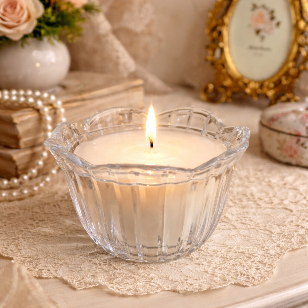 Open Ribbed Crystal Candy Dish shown with warm candlelight