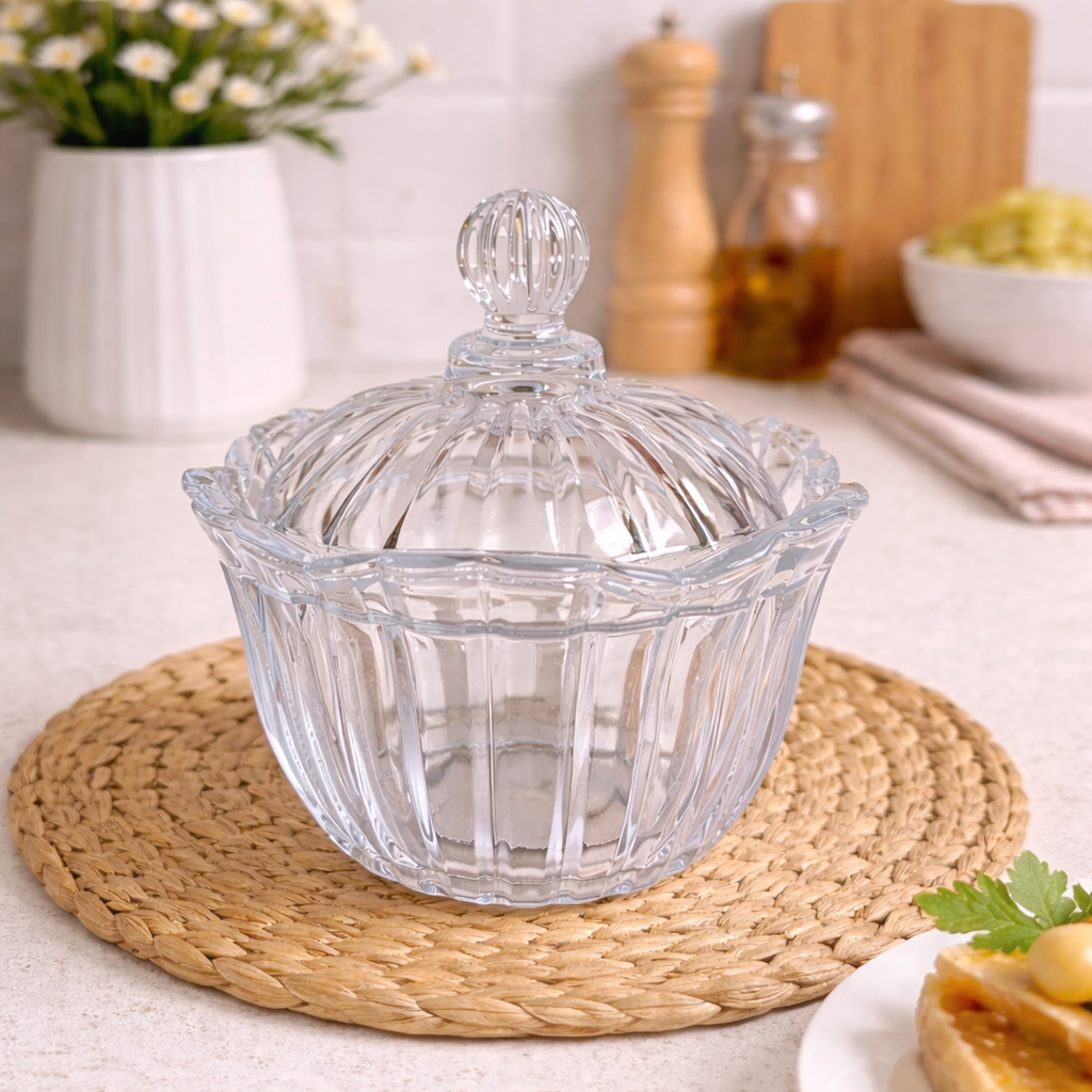 Ribbed Crystal Candy Dish with Domed Lid on a woven placemat