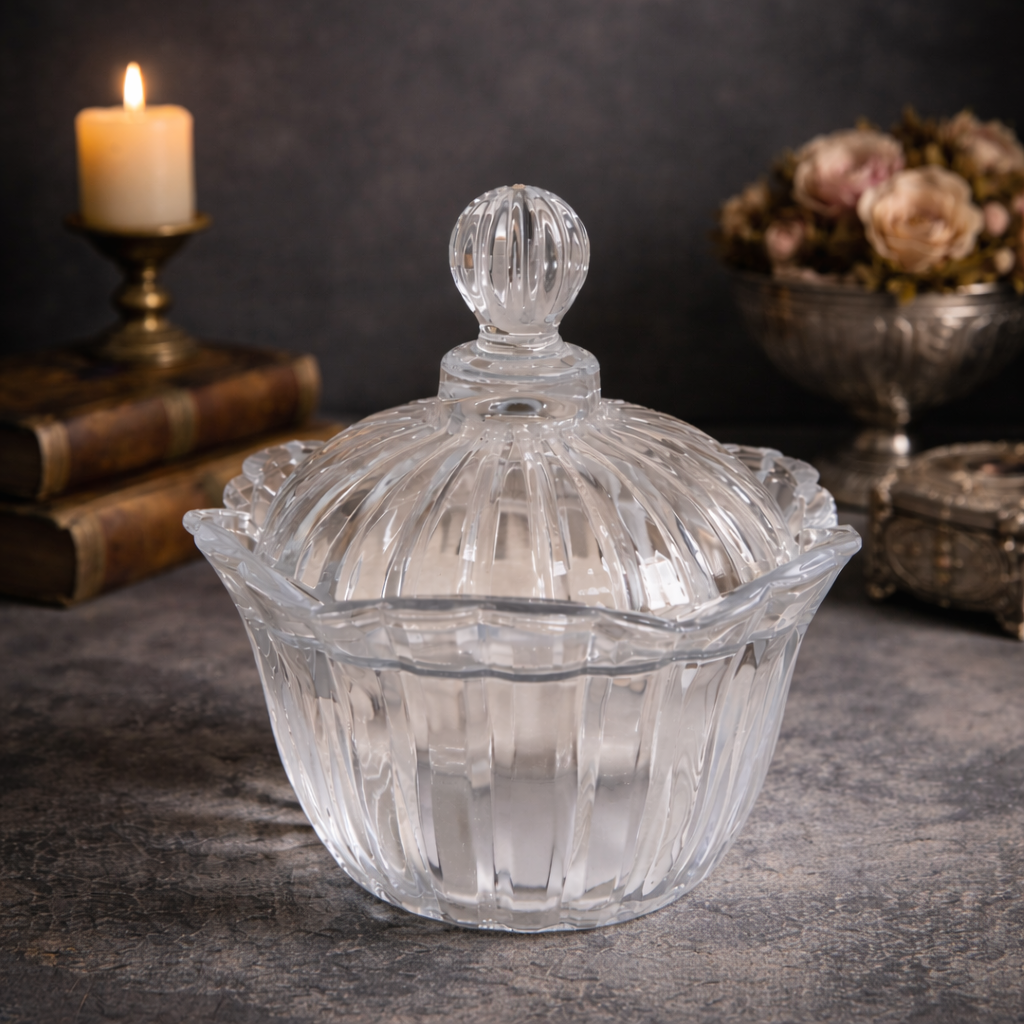 Ribbed Crystal Candy Dish with Domed Lid against a dark tabletop