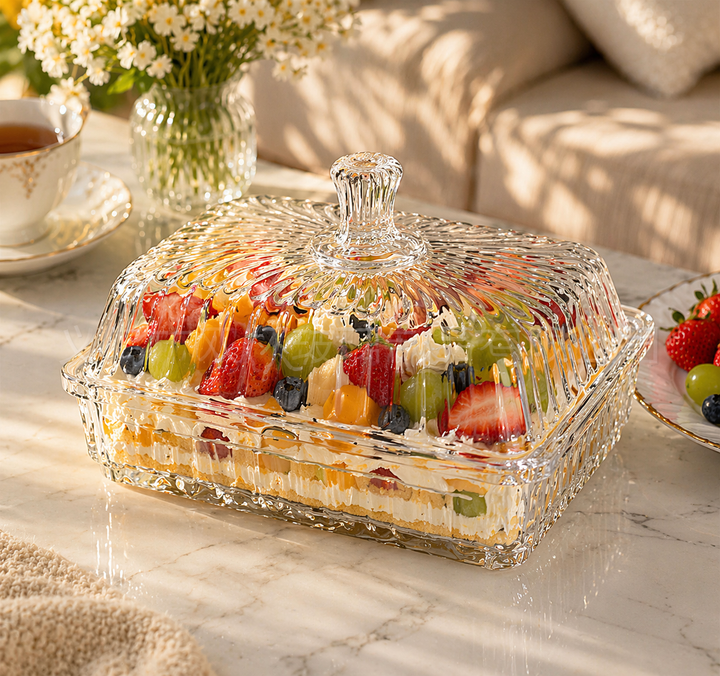 Ribbed glass butter dish styled as a covered fruit display