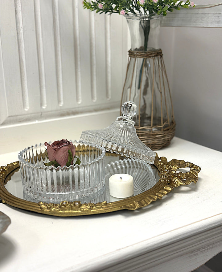 Ribbed Glass Storage Jars with Lids arranged on a decorative tray