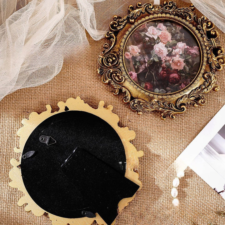 Front and back views of the Rococo Round Gold Photo Frame