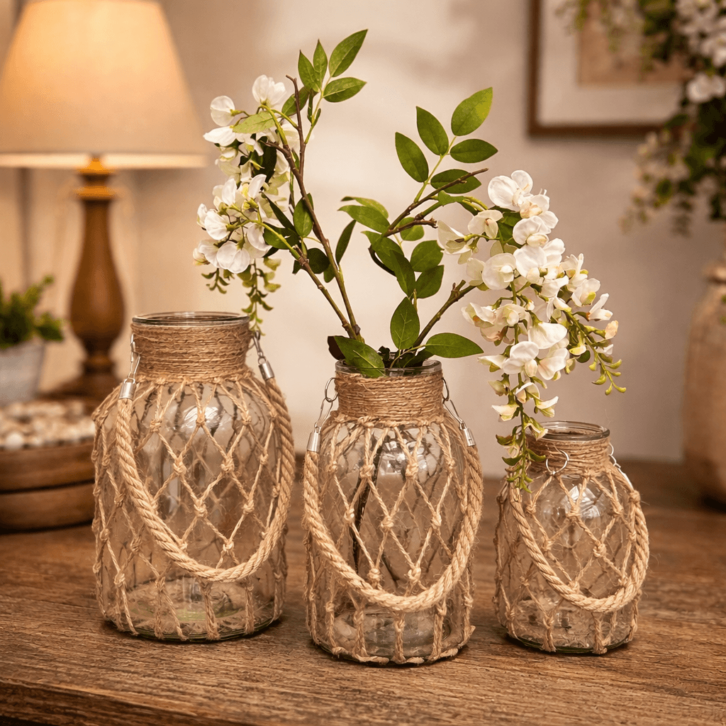 Three rope-net hanging glass bottle vases with white flowers