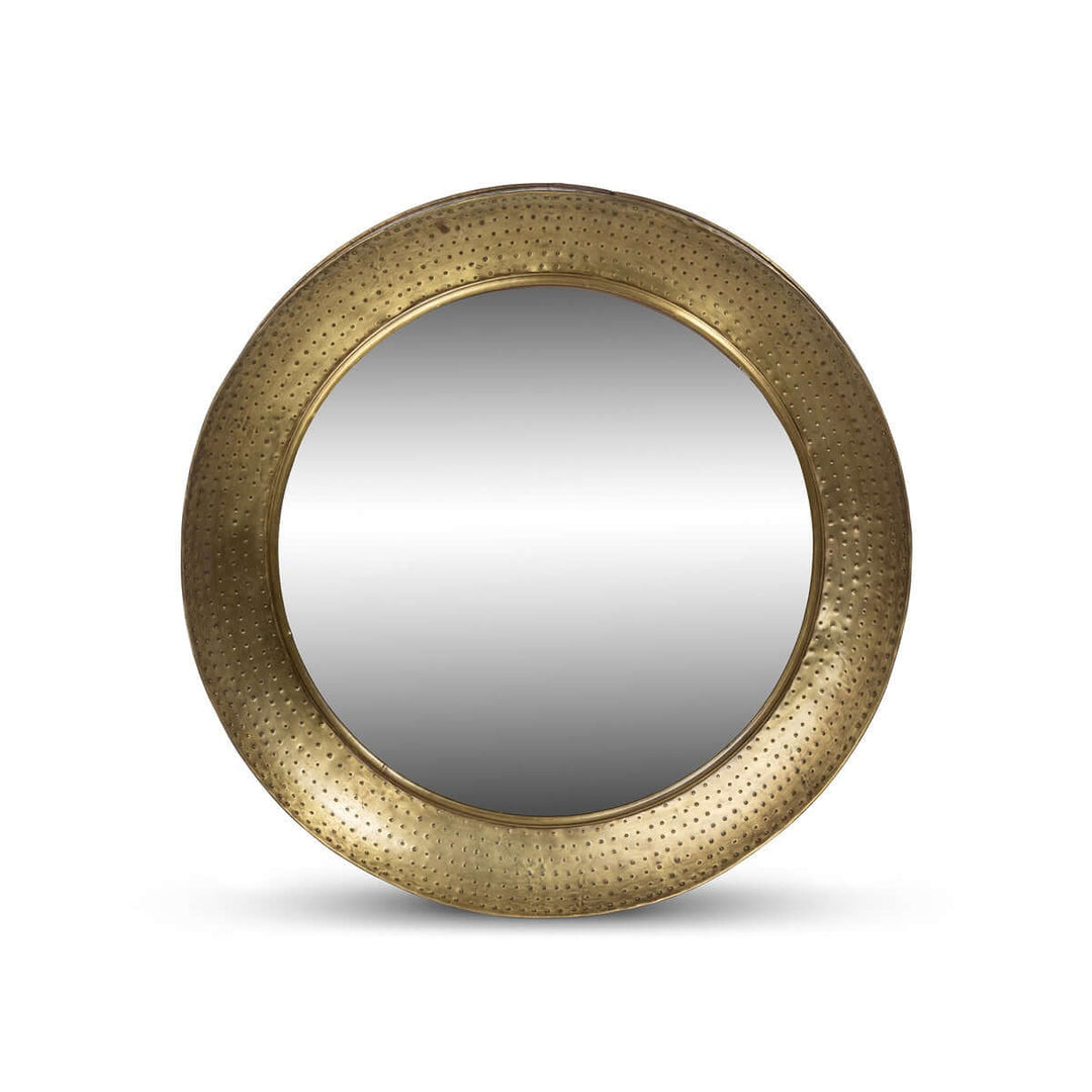 Vintage round hammered brass wall mirror with iron porthole design, elegant and timeless home decor accent.