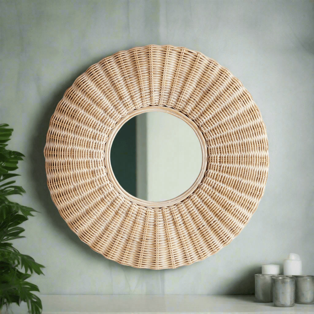 Round woven rattan wall mirror showcasing artisanal craftsmanship and vintage-inspired design, adding bohemian charm.