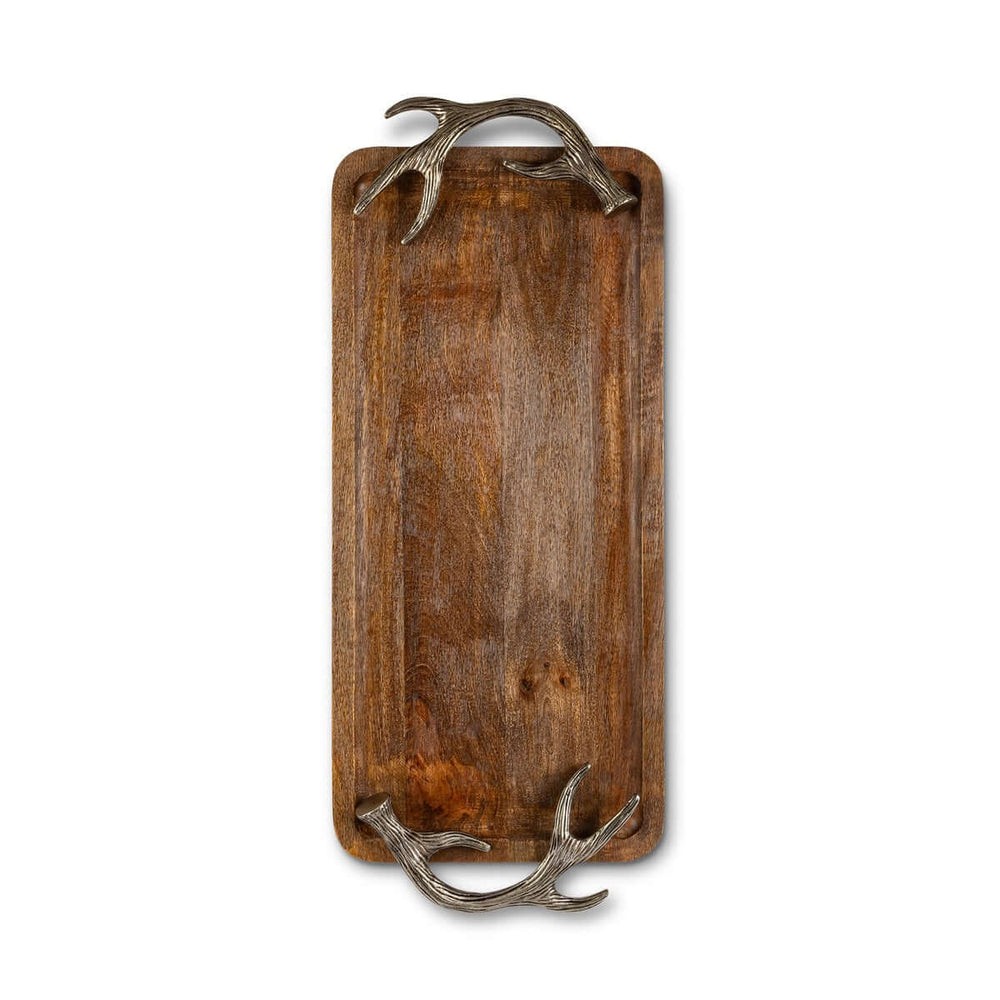 Rustic Antler Mango Wood Serving Tray with Metal Handles, showcasing a natural wood finish and unique antler-style metal accents.