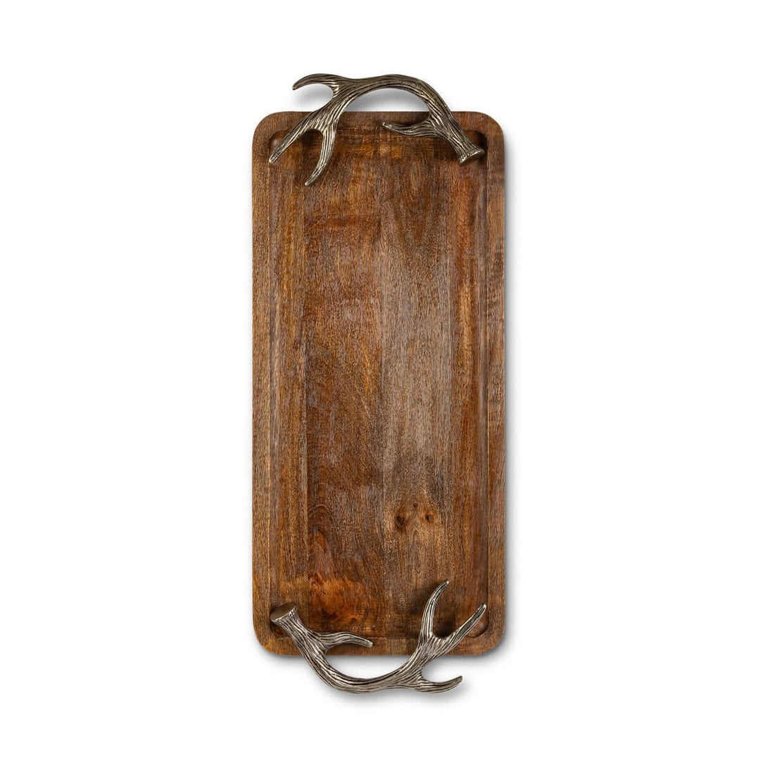 Rustic Antler Mango Wood Serving Tray with Metal Handles, showcasing a natural wood finish and unique antler-style metal accents.