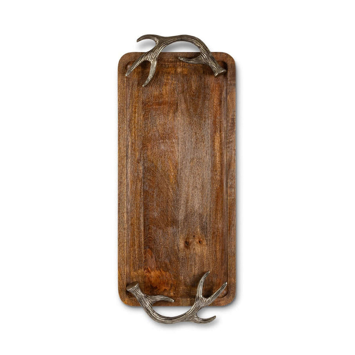 Rustic Antler Mango Wood Serving Tray with Metal Handles, showcasing a natural wood finish and unique antler-style metal accents.