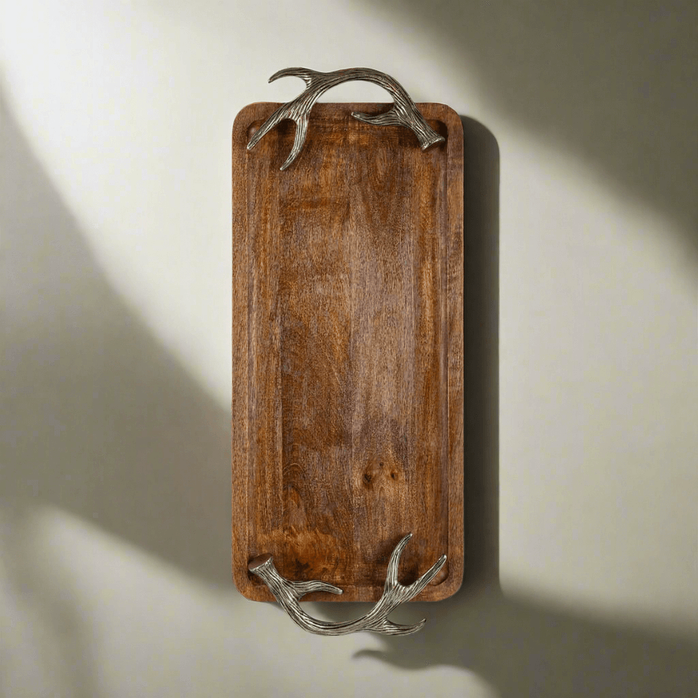 Rustic Antler Mango Wood Serving Tray with Metal Handles on a light background
