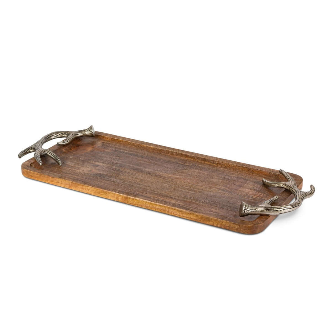 Rustic antler mango wood serving tray with metal handles showcasing earthy elegance for kitchen or lodge settings.
