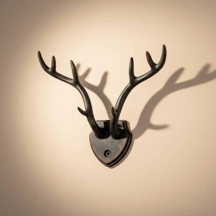 Rustic antler wall hook on beige wall