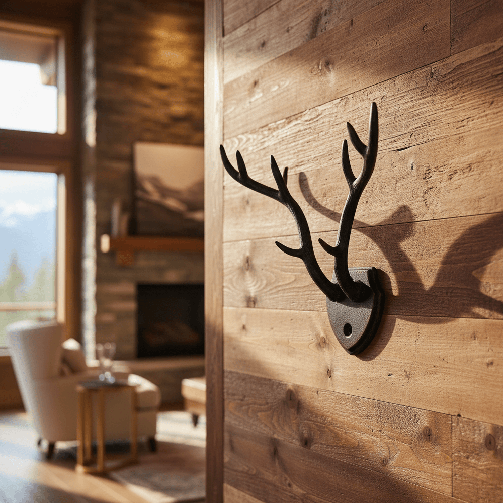 Rustic antler wall hook mounted on a wood wall in a rustic mountain cabin