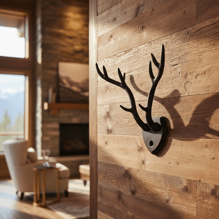 Rustic antler wall hook mounted on a wood wall in a rustic mountain cabin