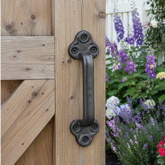 Rustic Black Cast Iron Door Pull Handle mounted on a wooden garden gate