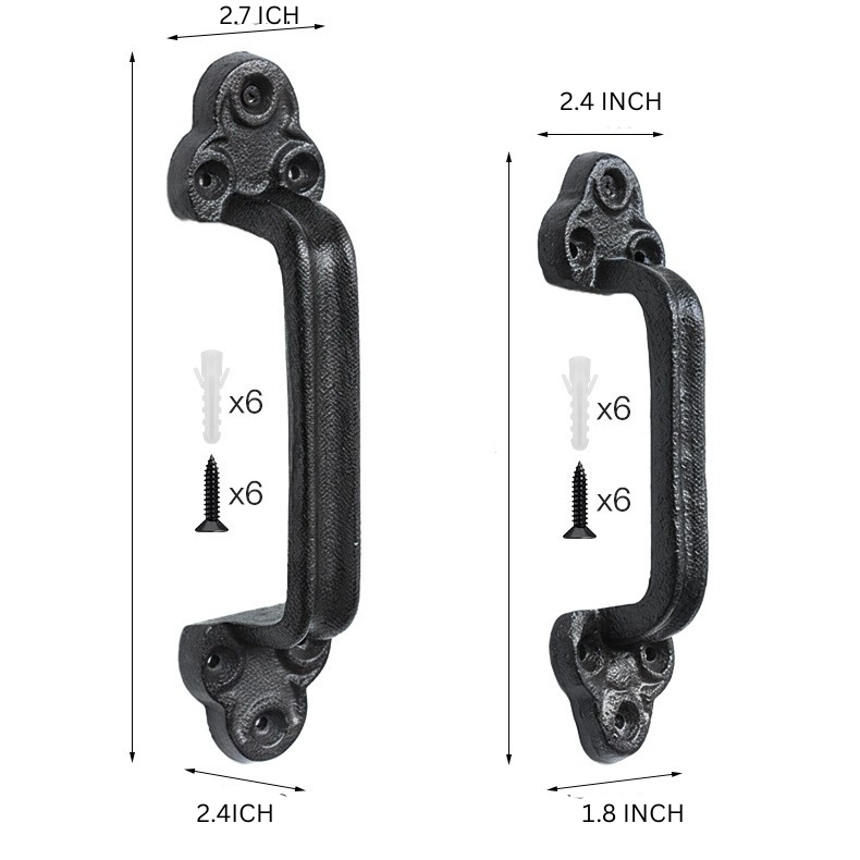 Large and small Rustic Black Cast Iron Door Pull Handle with dimensions and mounting hardware