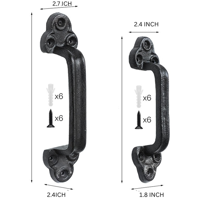 Large and small Rustic Black Cast Iron Door Pull Handle with dimensions and mounting hardware