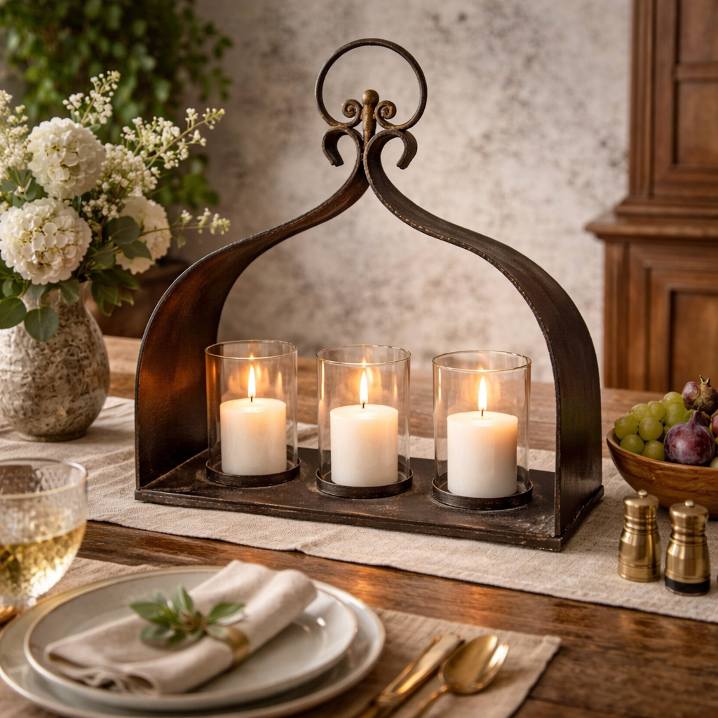 Rustic cast iron triple candle holder with three glass hurricanes