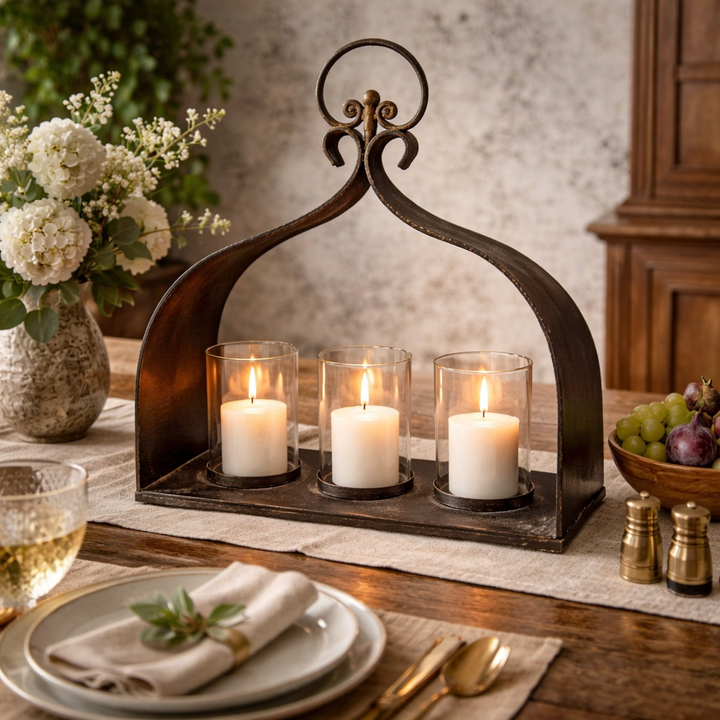 Rustic cast iron triple candle holder with three glass hurricanes