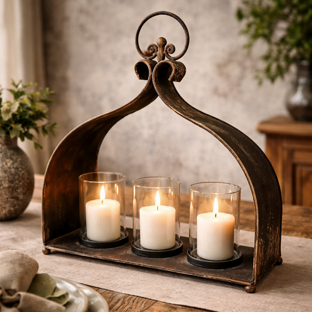 Three-light iron candle stand glowing on a dining table
