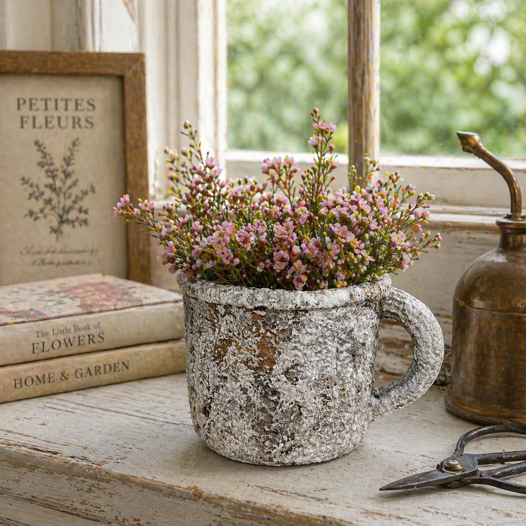 Rustic cement mug planter shown empty