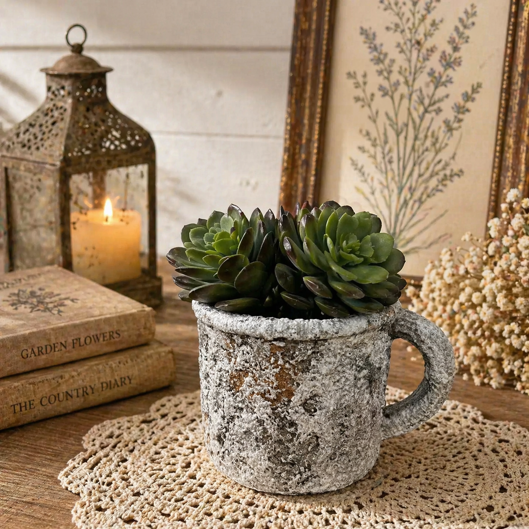 Small plant arranged in the handled cement mug planter