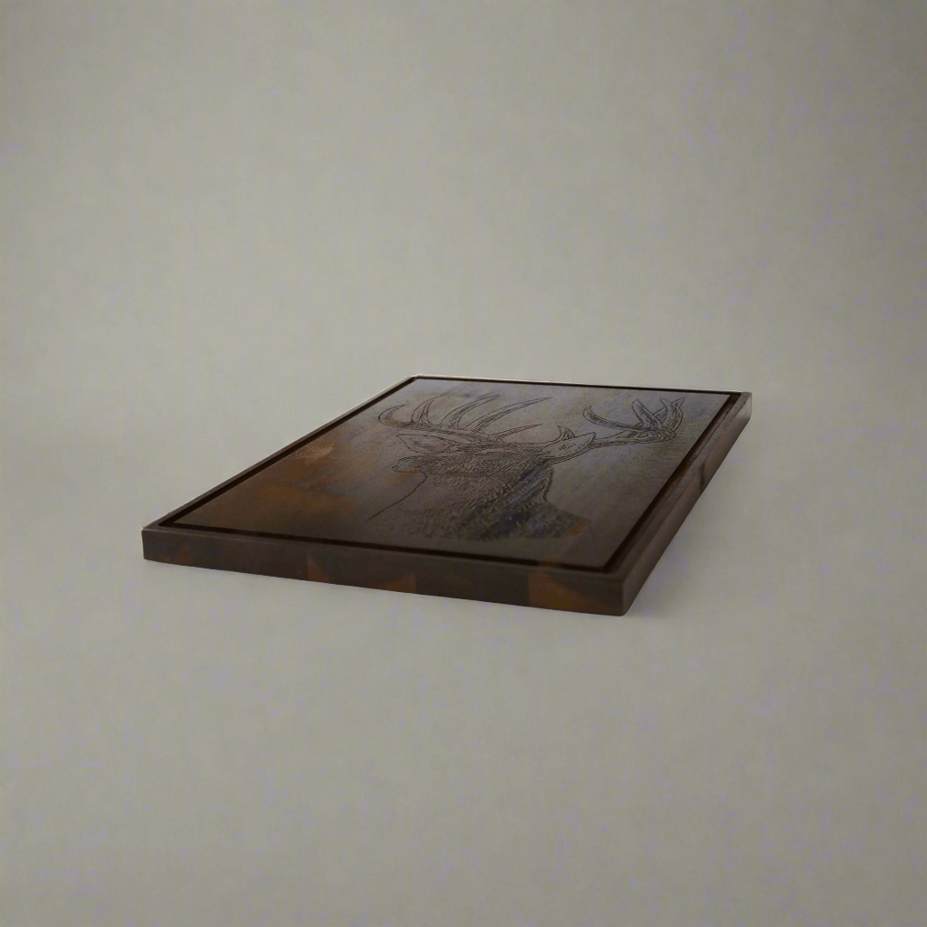 Rustic Deer Engraved Wood Serving Board with detailed deer engraving on dark wood, 18x14 inches, embodying mountain cabin charm.