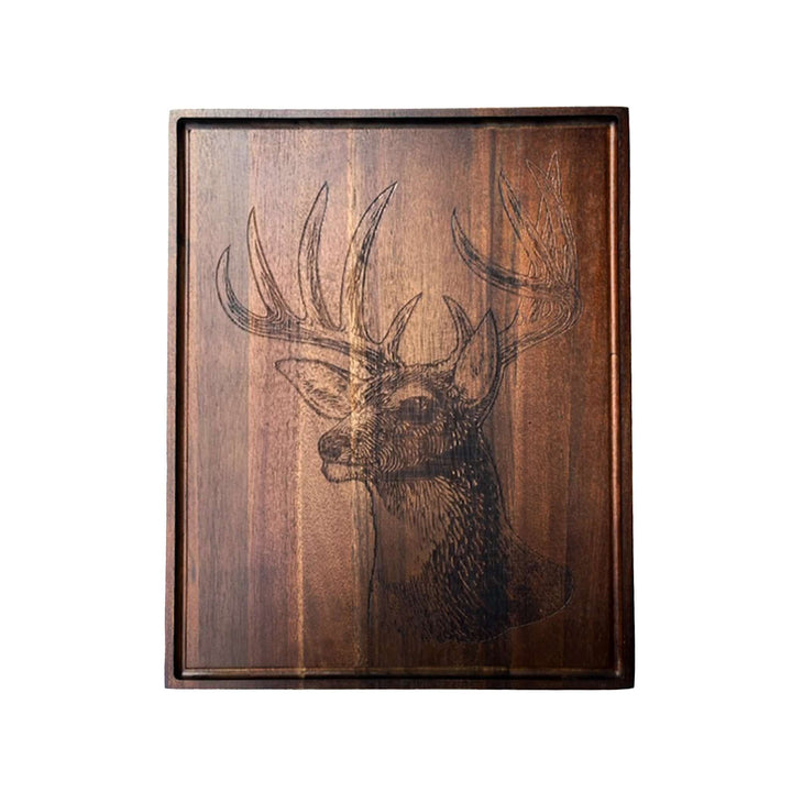 Rustic Deer Engraved Wood Serving Board featuring detailed deer engraving on dark wood, 18x14 inches, evokes mountain cabin charm.