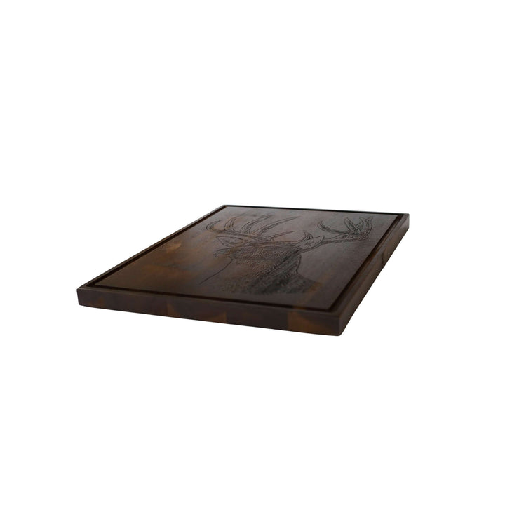 Rustic Deer Engraved Wood Serving Board with detailed deer engraving on dark wood, perfect for kitchen or cabin decor.