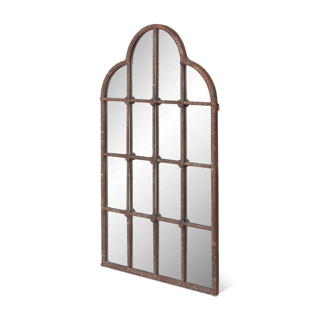 Rustic Farmhouse Iron Windowpane Mirror with arched design and iron frame, evoking vintage charm and country living aesthetics.