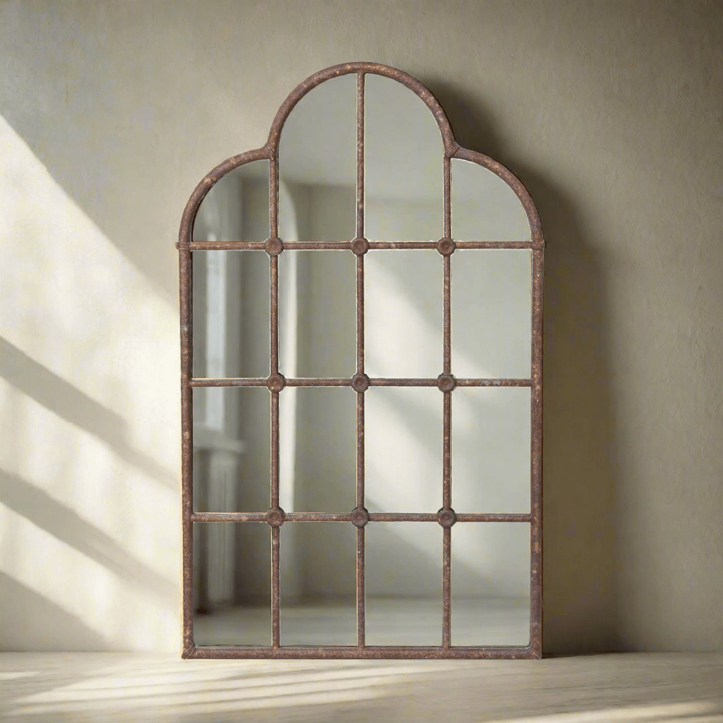 Rustic Farmhouse Iron Windowpane Mirror with vintage iron frame, evoking country charm and elegance in home decor.