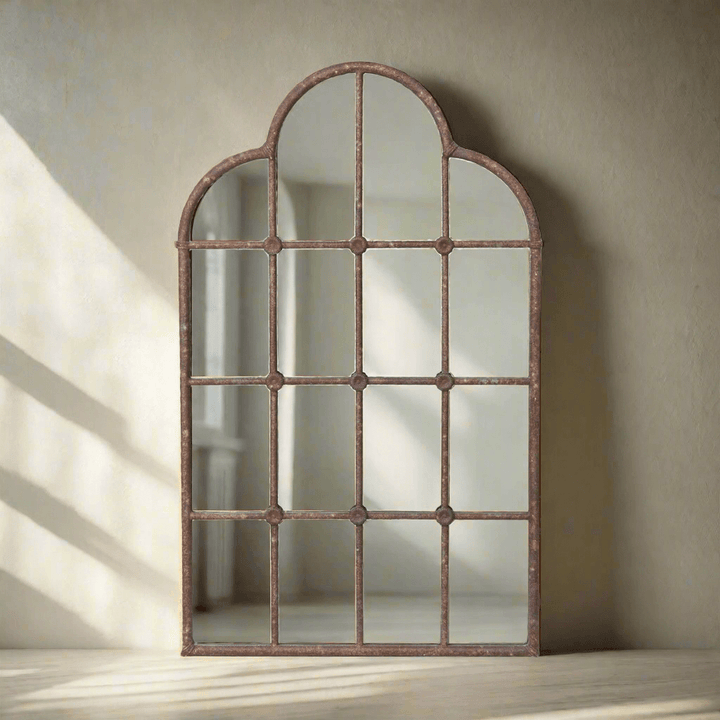 Rustic Farmhouse Iron Windowpane Mirror with vintage iron frame, evoking country charm and elegance in home decor.