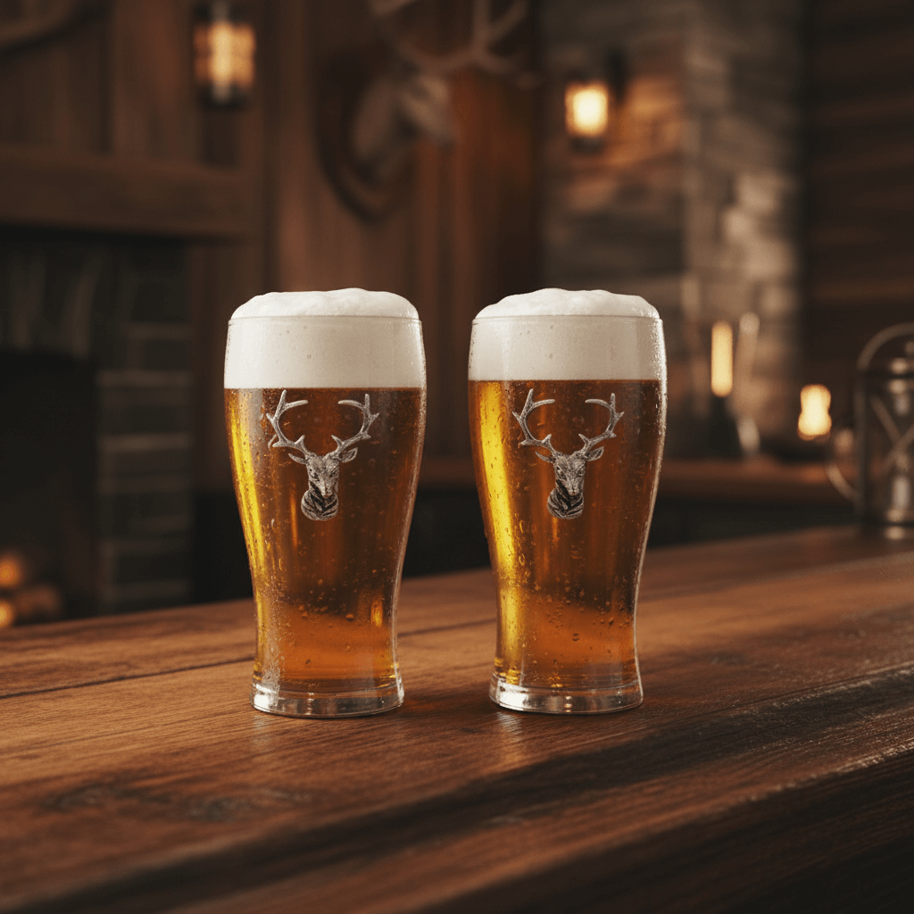 Two glasses of beer with a deer head emblem on a wooden bar.