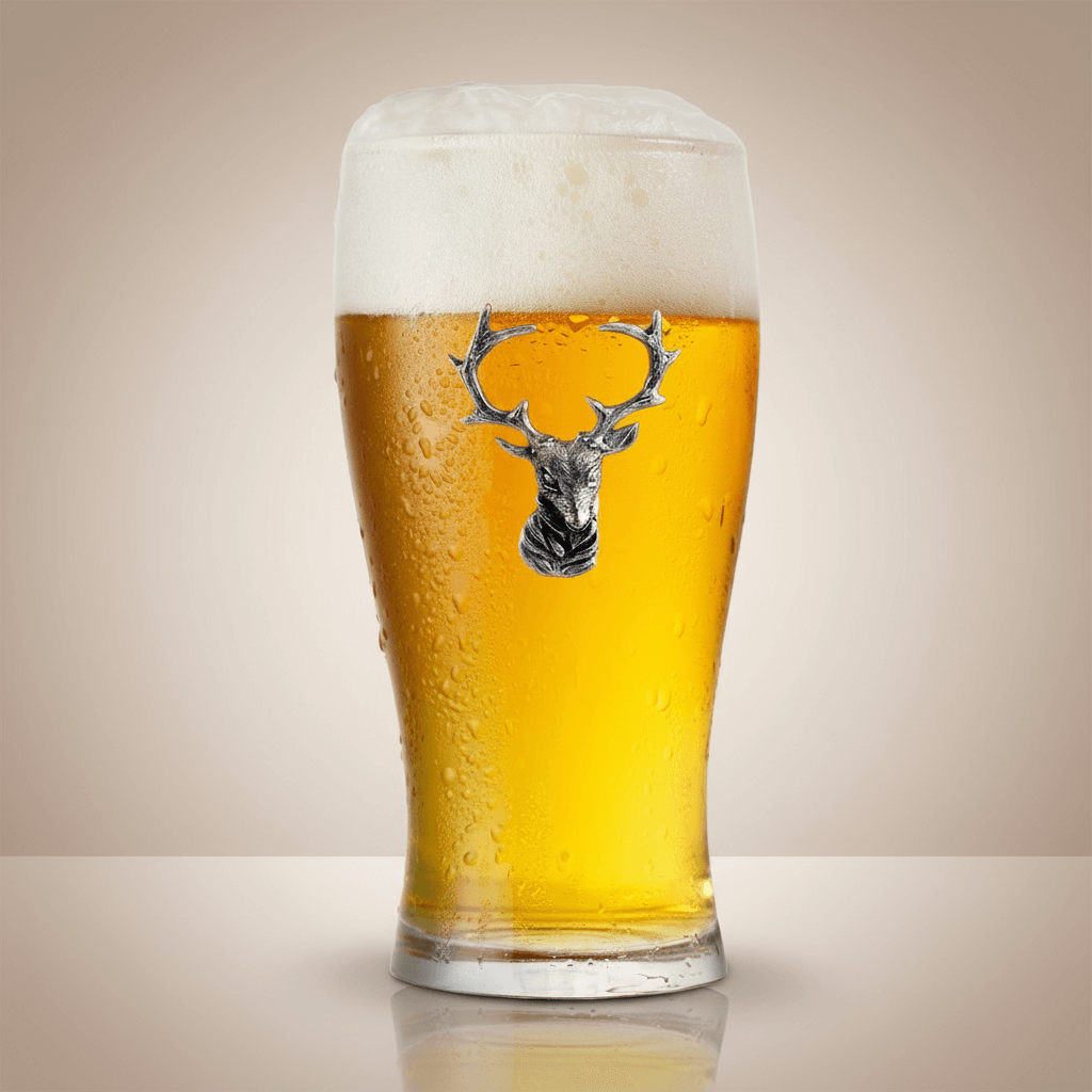 Glass of beer with a deer head logo on a beige background