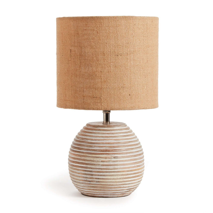 Rustic mango wood table lamp with textured linen shade, featuring a softly ribbed design for warm, elegant lighting.