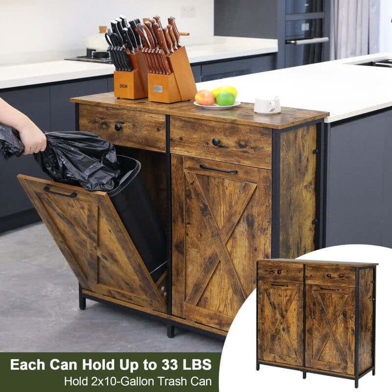 Rustic Farmhouse Tilt Out Trash Cabinet with weathered wood finish in kitchen setting
