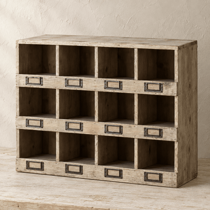Angled view of rustic recycled pine cubby box showing wood texture and metal label holders