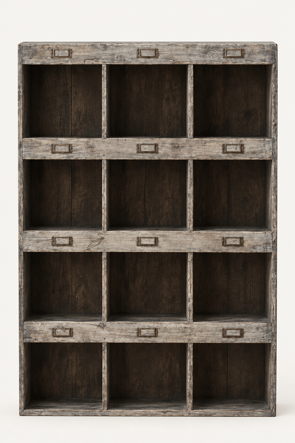 Rustic Recycled Pine Display Shelf with twelve empty compartments on an ivory background