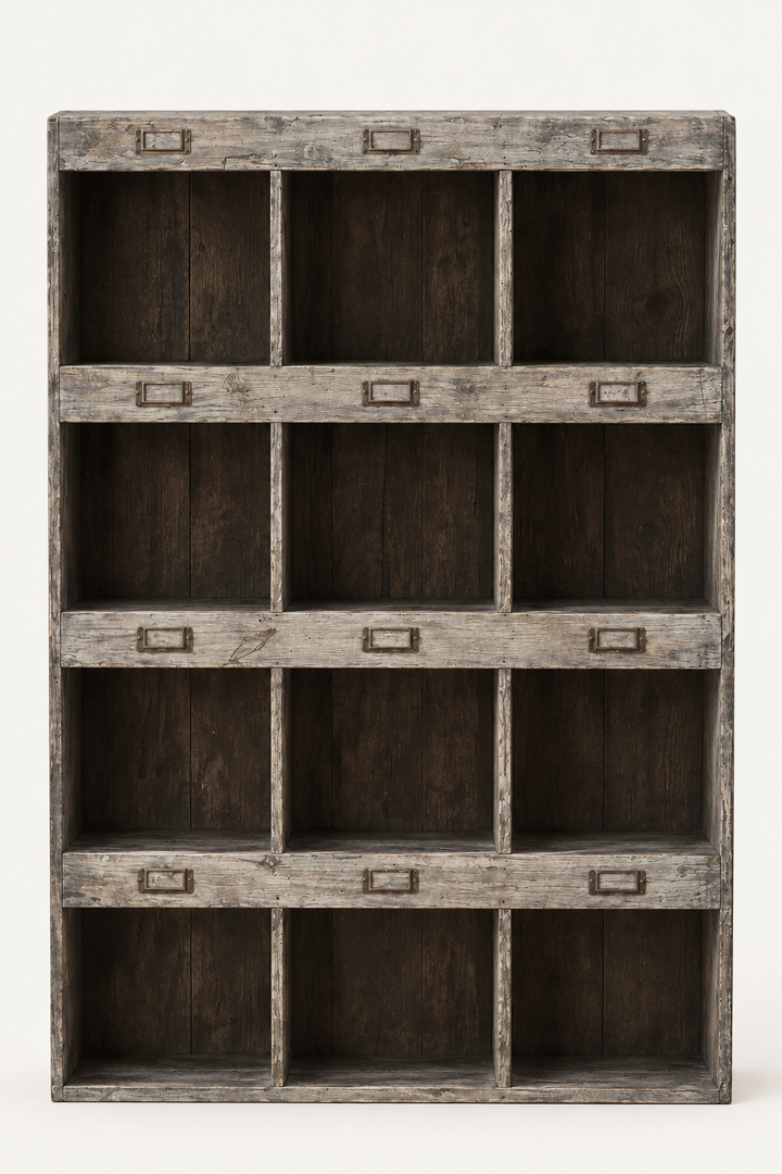 Rustic Recycled Pine Display Shelf with twelve empty compartments on an ivory background