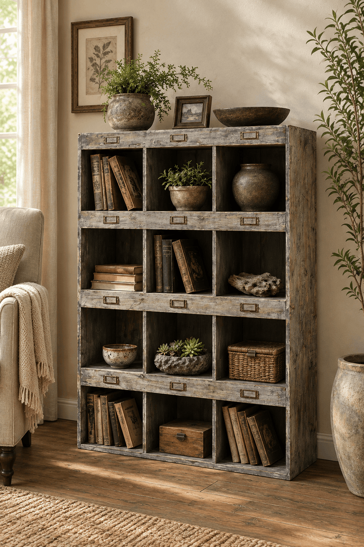 Three-quarter view of Rustic Recycled Pine Display Shelf in a cottage study