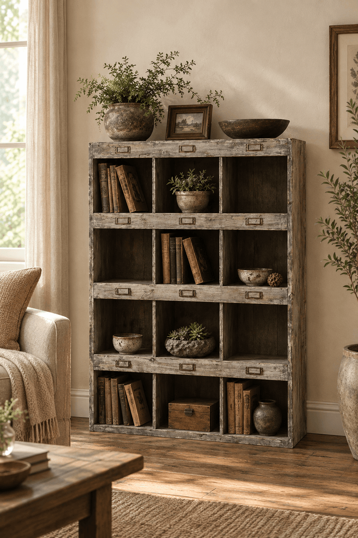 Rustic Recycled Pine Display Shelf styled with books and pottery in a farmhouse sitting room